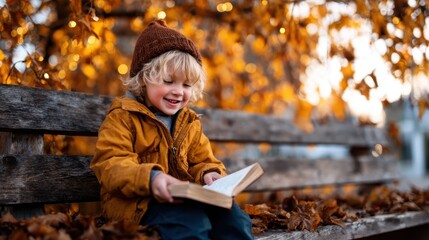 A little boy enjoying a story on a bench amidst beautiful autumn leaves, encapsulating the essence of childhood wonder and the joy of reading in nature's embrace.