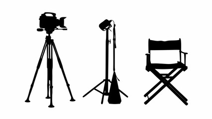 Obraz premium Silhouette of a film camera on a tripod, a light on a stand, and a director's chair in a row