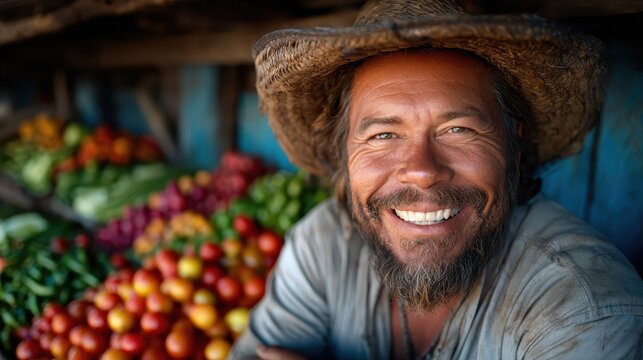 A cheerful farmer poses with a bright smile in front of an array of fresh fruits and vegetables, capturing the essence of farm life and sustainable living.