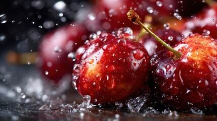A refreshing display of vibrant cherries energetically splashed with water, capturing the essence of freshness and the excitement of ripe fruit ready to be enjoyed.