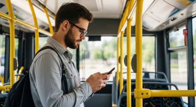 A man checks his phone while riding on a public bus. He is wearing glasses and a backpack.