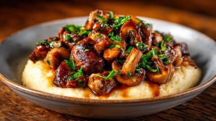 A hearty serving of sautéed mushrooms on a bed of creamy garlic polenta creates a comforting and flavorful dish that is both satisfying and visually appealing for any food lover.