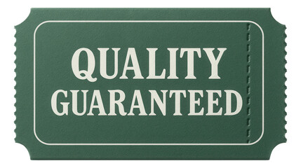 Green tag sticker with QUALITY GUARANTEED text in vintage style, reliable promotion offer on transparent background.