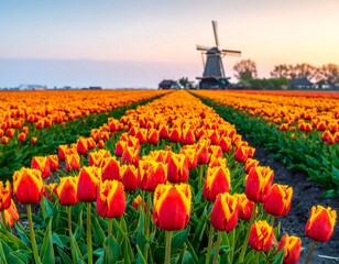 Vibrant red and yellow tulips stretch to a distant windmill at sunrise