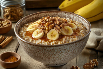 Banana Nut Oatmeal with Walnuts and Cinnamon served in a ceramic bowl, warm and creamy oatmeal topped with fresh banana slices and crunchy toasted walnuts.