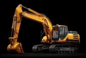 Modern yellow excavator with black tracks and hydraulic arm on a dark background