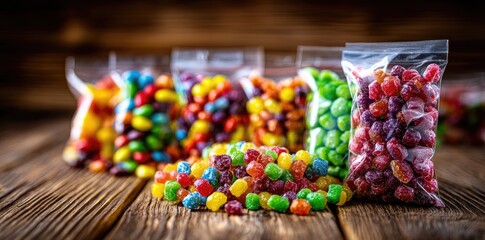 Colorful, sugary candies in clear plastic bags on a rustic wooden surface