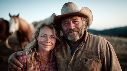 Fototapeta premium A rugged cowboy and cowgirl pose together on a farm setting surrounded by horses, radiating a spirit of hard work, dedication, and a deep connection with nature and rural life.
