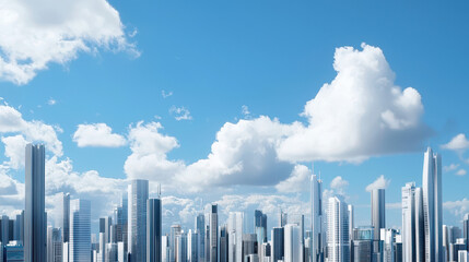 Futuristic city skyline with tall skyscrapers under bright blue sky filled with fluffy clouds creates vibrant atmosphere