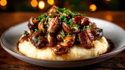 A delectable plate of sautéed mushrooms atop creamy polenta, garnished with fresh herbs, set against a lively blurred background of warm lights, representing comfort and culinary delight.