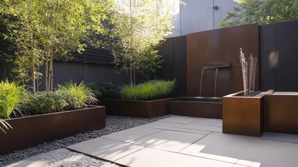 Modern garden design featuring a Corten steel water feature and stylish landscaping