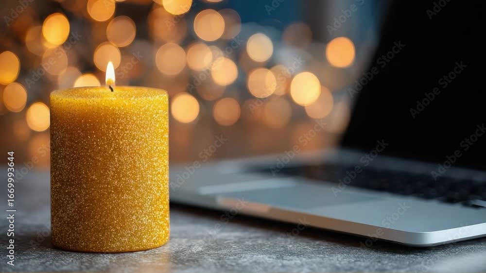 Poster lit golden candle with sparkling surface and blurred background bokeh lights next to an open laptop