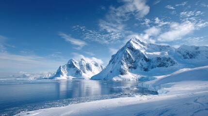 Obraz premium Majestic snow capped mountains rise from calm icy waters under a dramatic sky