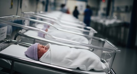 A newborn baby lies peacefully in a hospital bassinet, ready for a new life.