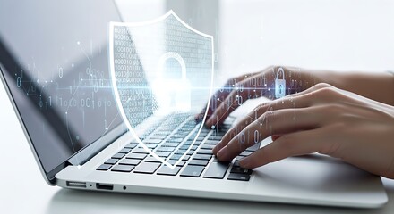 Hands typing on a laptop computer, a digital shield with binary code and a lock graphic overlaid.