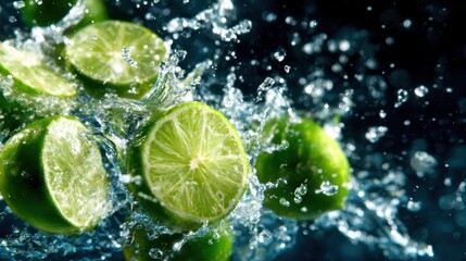 An eye-catching composition of limes splashing into crystal-clear water, capturing the freshness, vibrancy, and liveliness that evoke a sense of refreshment and energy in the moment.