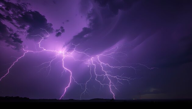 Dramatic purple lightning illuminating a stormy night sky, capturing raw natural energy.