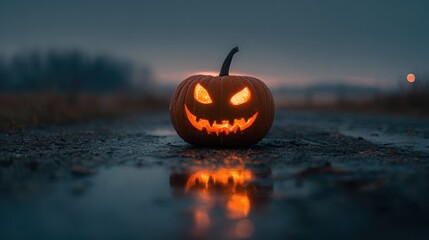 Spooky jack o lantern glows with fiery eyes and grinning mouth on a dark misty night