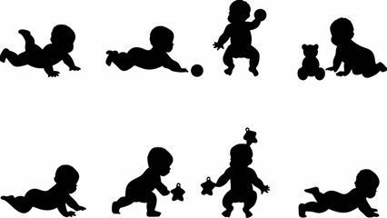 Silhouette of babies in various poses playing with toys and crawling on a white background design art