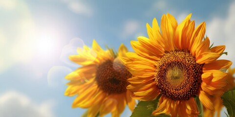Obraz premium The Sunflowers Bask in Golden Sunlight Against a Soft Blue Bokeh Sky