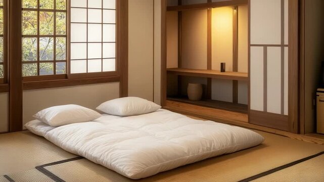 Japanese style bedroom with tatami mats shoji screens and a futon mattress