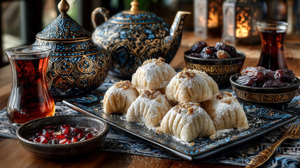 Eid Islamic Feast Cookies (maamoul or mamoul cookies) Sprinkling powdered sugar on Kahk, Traditional arabic Eid al Adha, Eid al Fitr sweets

