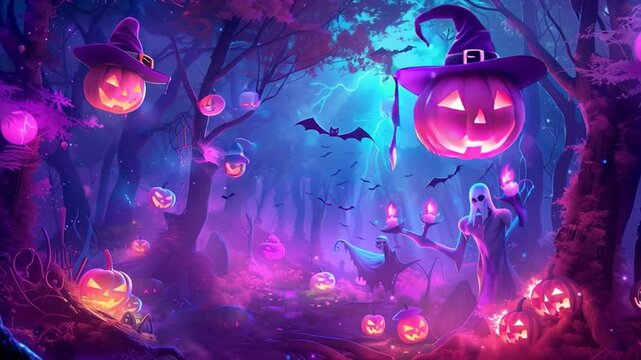 Halloween illustration, AI generated, flying pumpkins in a purple background, spooky and whimsical atmosphere