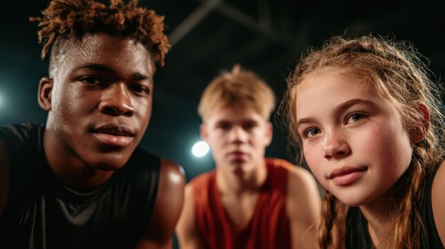 A group of three dynamic young athletes captured in a moment of determination and focus, embodying the spirit of sportsmanship and teamwork in a competitive environment.