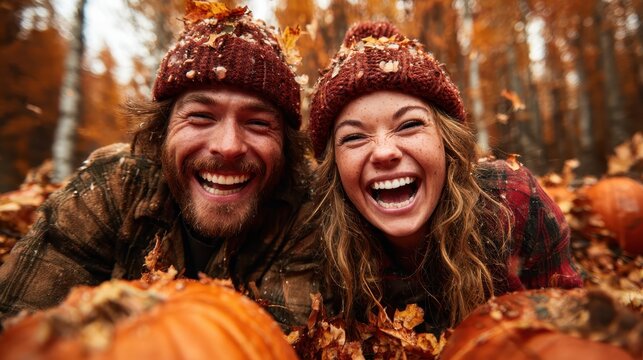 A joyful couple reveling in the beauty of autumn, surrounded by vibrant leaves and pumpkins, showcasing the warmth and happiness of the fall season and togetherness.