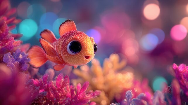 Adorable cartoon clownfish navigates a vibrant coral reef with blurry bokeh lights