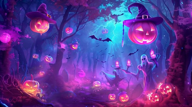 Halloween illustration, AI generated, flying pumpkins in a purple background, spooky and whimsical atmosphere