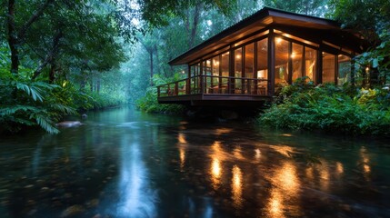 An elegant cabin stands by a glistening stream in a lush tropical setting, evoking a sense of peace and harmony with nature, perfect for a retreat or relaxation.