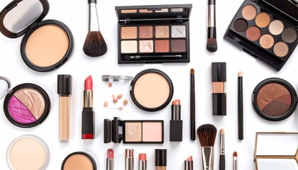 Flat lay of diverse makeup products and brushes on a white background