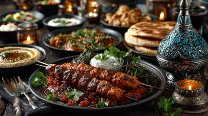 Middle eastern or arabic dishes and assorted meze, dessert, sandwiches Meat kebab, falafel, baba ghanoush, muhammara, pizza, hummus, sambusak, rice, tahini, kibbeh, pita. Halal food. Lebanese cuisine