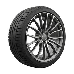 Obraz premium Modern alloy car wheel with black rubber tire isolated transparent background Generative Ai