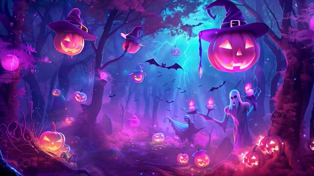 Halloween illustration, AI generated, flying pumpkins in a purple background, spooky and whimsical atmosphere