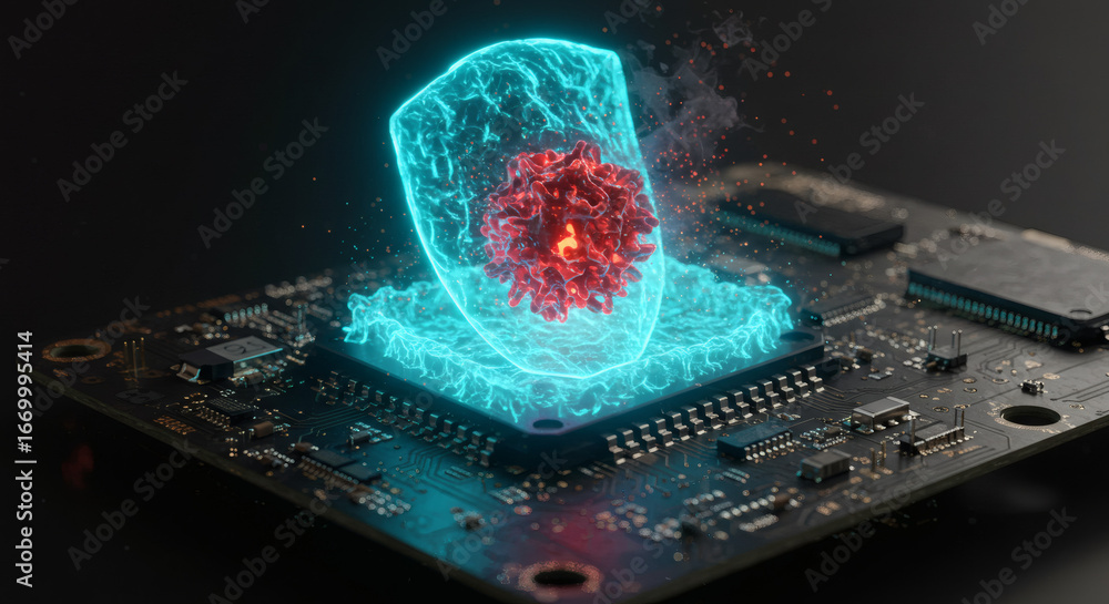 Poster advanced digital security concept a glowing blue shield protects a computer chip from a red, virus-l