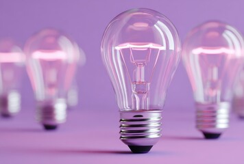 Multiple incandescent light bulbs with glowing filaments on a pastel purple background