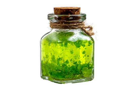 Magic potion in glass bottle on white background