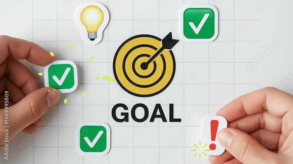 Poster agile hands placing check marks and exclamation mark around target goal symbol planning setting with