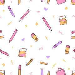 Pixel Art Makeup & Stationery Seamless Pattern: Pastel Pink, Purple, Yellow