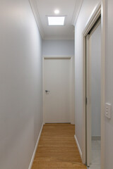 Hallway with wood flooring and ceiling light leading to white door, modern residential interior design with minimal color and clean lines
