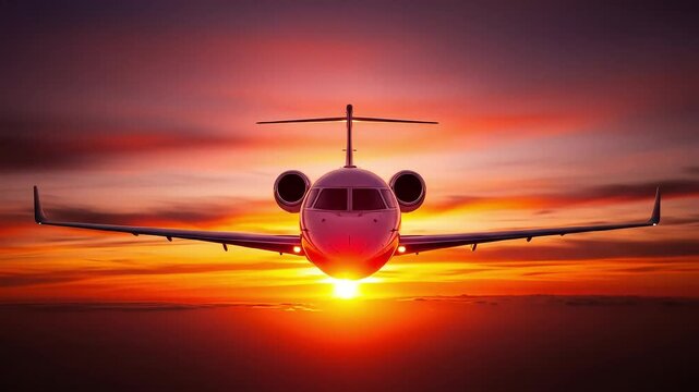 Private jet flying through a vibrant orange sunset sky