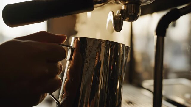 Steam swirls as milk foams in a barista&rsquo;s pitcher, captured close-up with golden caf&eacute; lighting