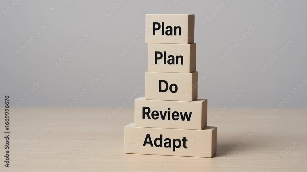 Aufkleber agile goal setting plan with wooden block stack in pyramid and calm table setting, hand placing top 