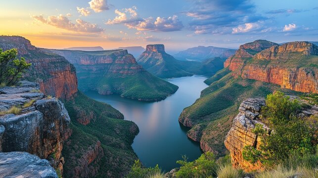 A majestic canyon with a winding river under a sunset sky, surrounded by cliffs — for articles about nature and travel, travel blogs, presentations about national parks.