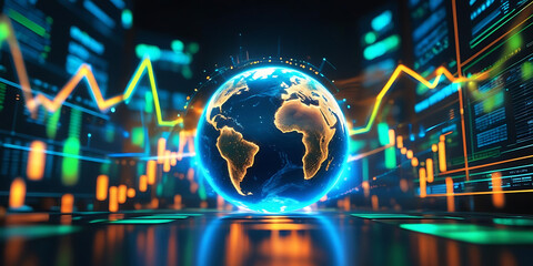 Glowing earth globe surrounded by financial charts and data streams in a digital environment