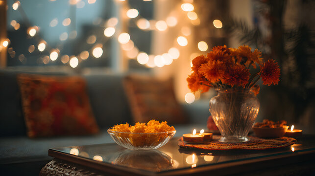 Diwali festival in the livng room, a table with Indin food and flowers on it, ights around the house, beutiful home decor, cinematc, moody, warm colors.