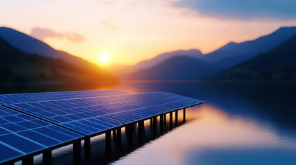 Fototapeta premium Serene sunset over lake with solar panels reflecting warm colors of sky, showcasing sustainable energy in tranquil setting