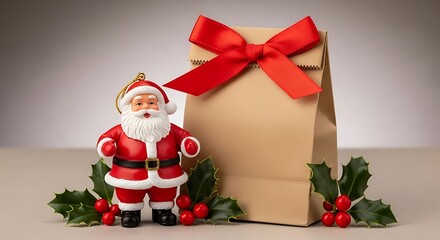 Santa claus figurine with gift bag and holly